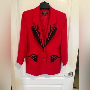 High Point vintage red blazer black flame appliqués on lapels & pockets large